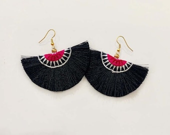 Hmong Embroidered Earrings With Black Silk Tassel