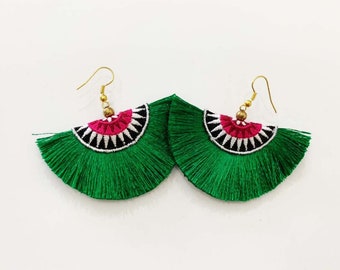 Hmong Fan Earrings,  Dark Green Tassel Earrings - 21