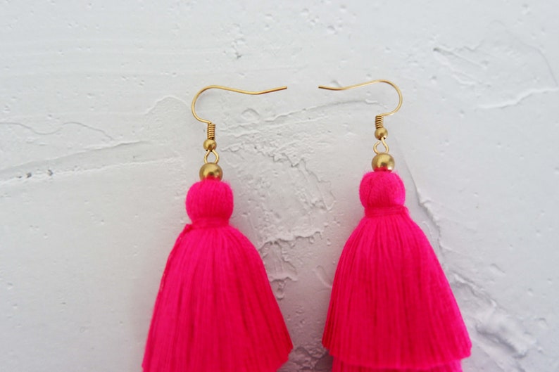 5 Layered Pink Tassel Earrings, Hmong Earrings image 5