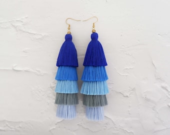 Five Tiered Blue Tassel Earrings