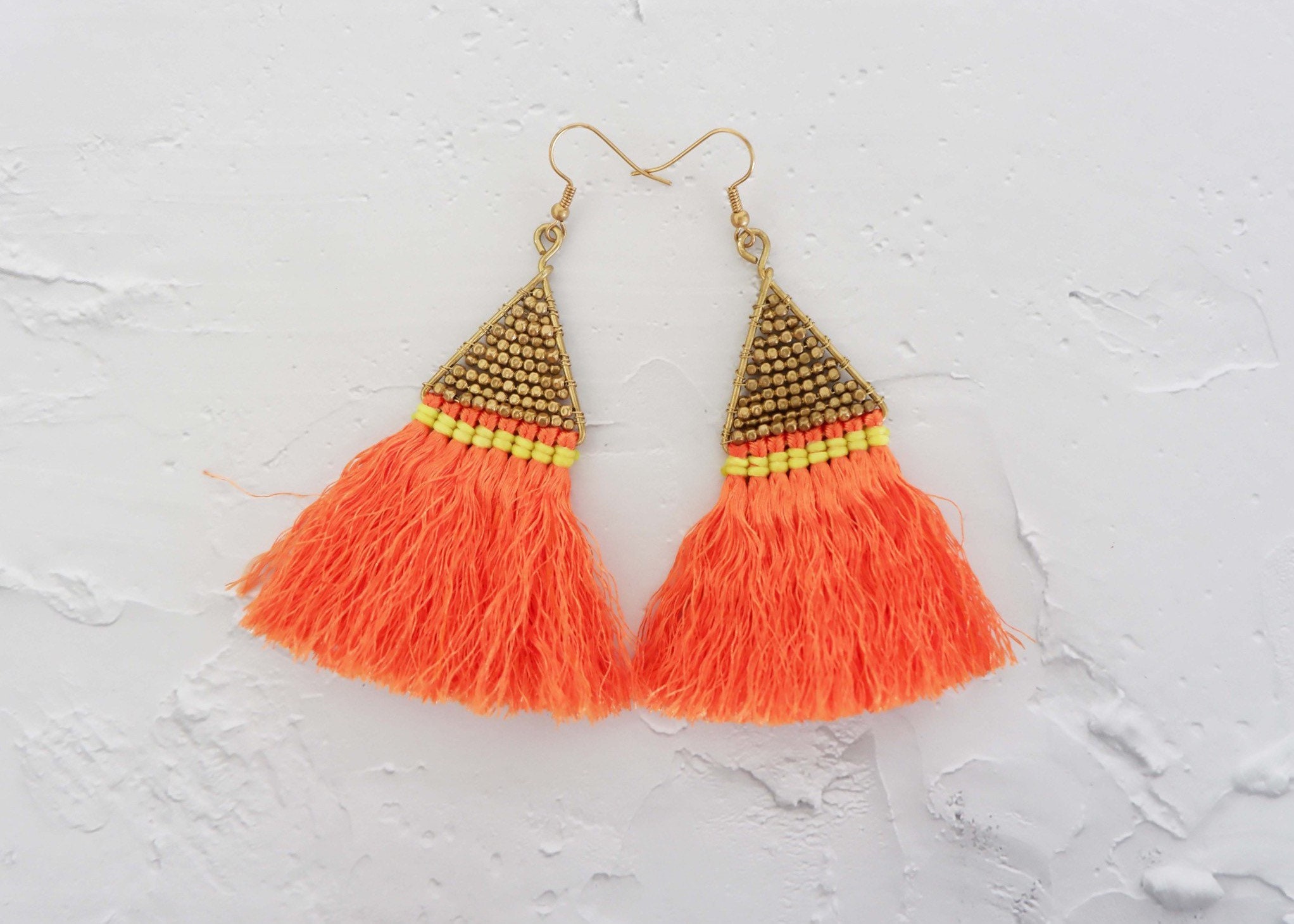 Triangle Gold Tassel Earrings With Colorful Wax Strings Etsy
