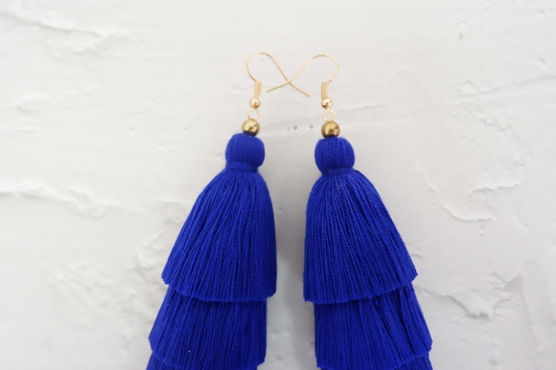 Handmade Five Layered Navy Blue Tassel Earrings Etsy