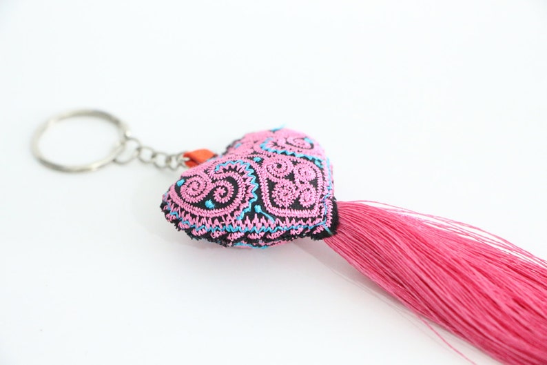 Mixed Colors 10 Pcs Embroidered Heart Keychains With Tassel