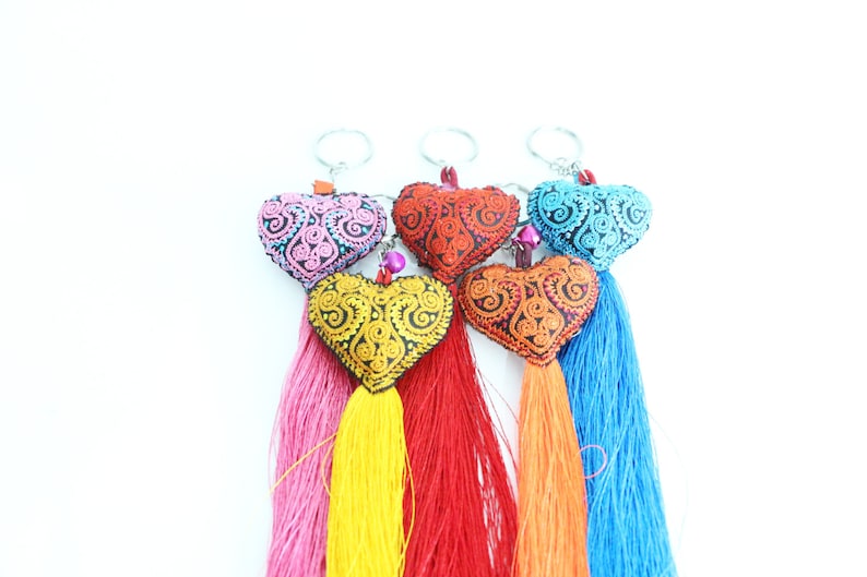 Mixed Colors 10 Pcs Embroidered Heart Keychains With Tassel