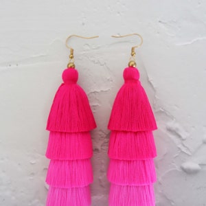 5 Layered Pink Tassel Earrings, Hmong Earrings image 4