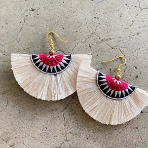 Hmong Style Ivory Silk Tassel Fan Earrings  -14