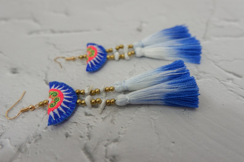 Hmong Earrings With Tie-Dye & Howlite Stone Tassel image 3