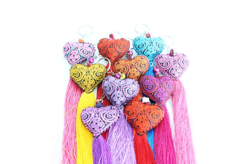 Mixed Colors 10 Pcs Embroidered Heart Keychains With Tassel