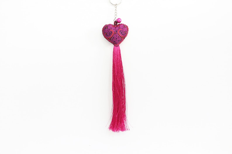 Mixed Colors 10 Pcs Embroidered Heart Keychains With Tassel