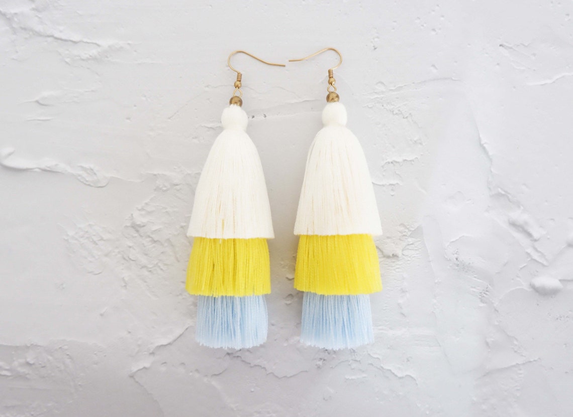 Three Layered Tassel Earrings Tiered Stacked Tassel Earrings Etsy