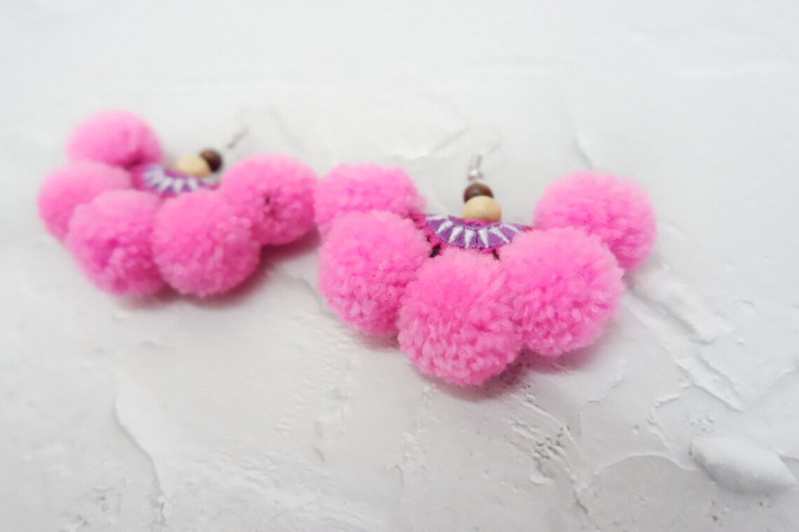 Baby Pink Tiny Pom Poms Earrings With Hill Tribe Embroidered Etsy