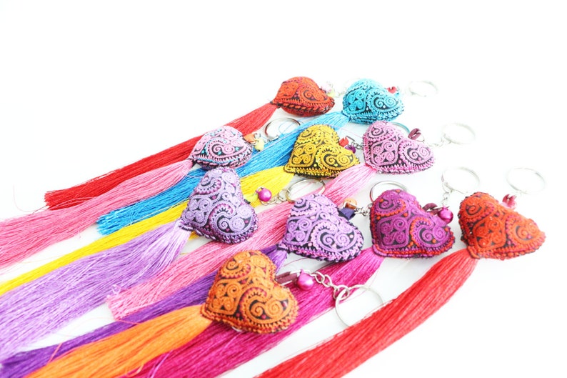Mixed Colors 10 Pcs Embroidered Heart Keychains With Tassel