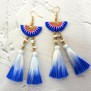 Hmong Earrings With Tie-Dye & Howlite Stone Tassel image 1