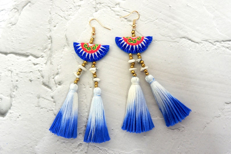 Hmong Earrings With Tie-Dye & Howlite Stone Tassel image 1