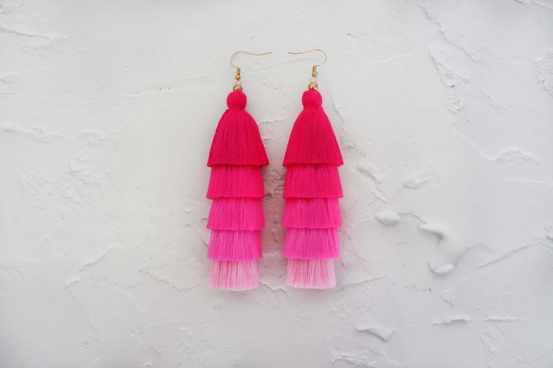 5 Layered Pink Tassel Earrings, Hmong Earrings image 1