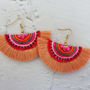 Hmong Style Tassel Earrings With Embroidered Fabric