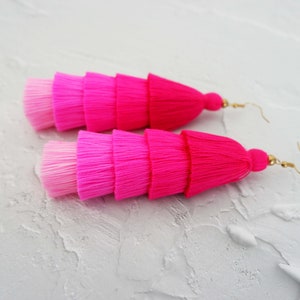 5 Layered Pink Tassel Earrings, Hmong Earrings image 3