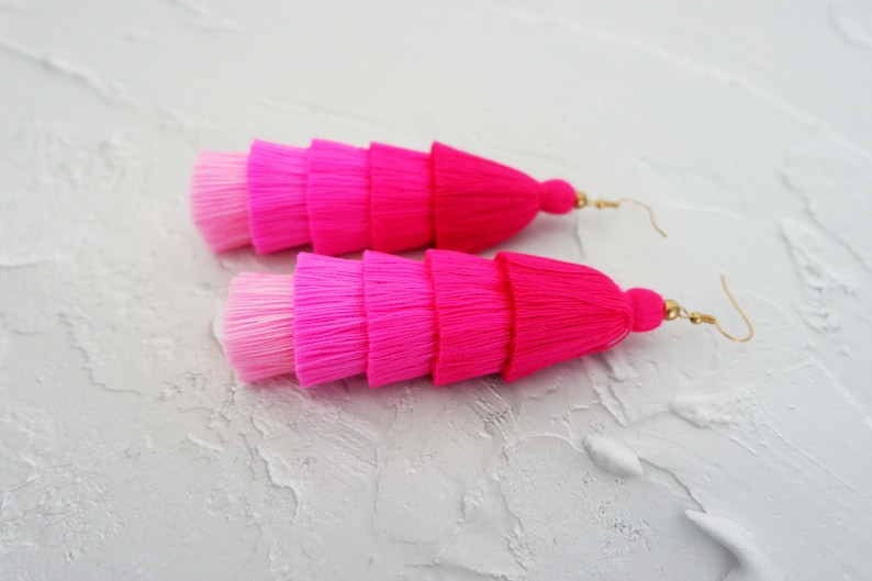 5 Layered Pink Tassel Earrings, Hmong Earrings image 3