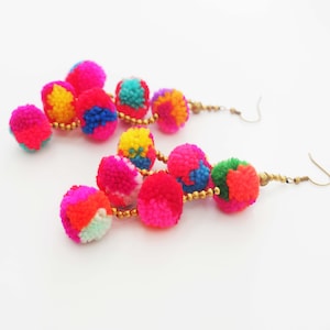 Colorful Pompoms Earrings With Brass Beads