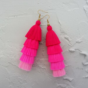 5 Layered Pink Tassel Earrings, Hmong Earrings image 2