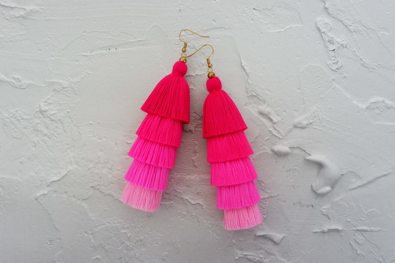 5 Layered Pink Tassel Earrings, Hmong Earrings image 2