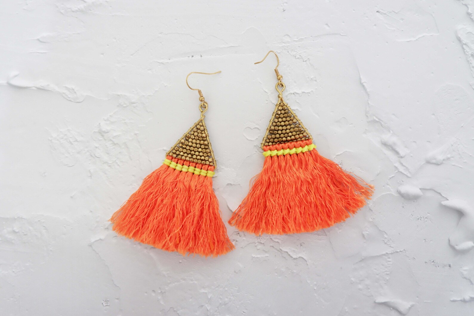 Triangle Gold Tassel Earrings With Colorful Wax Strings Etsy