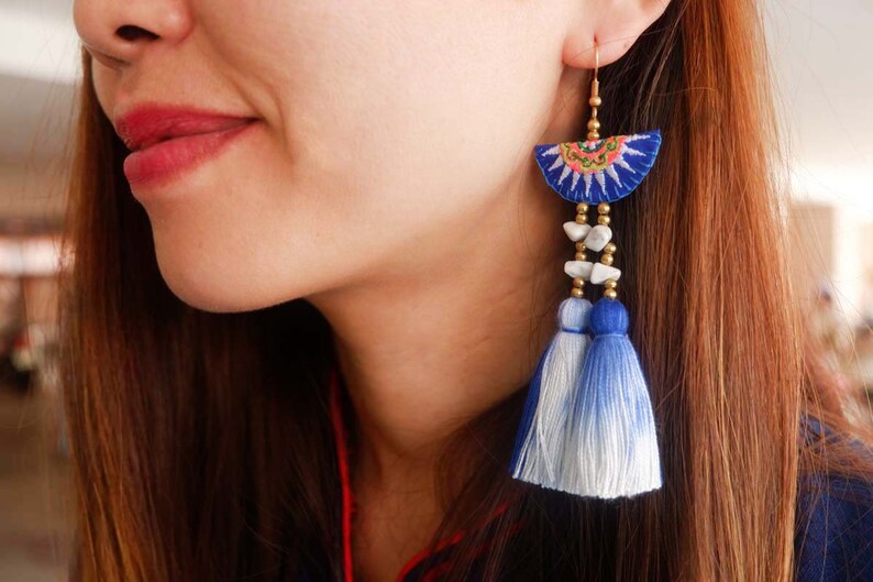 Hmong Earrings With Tie-Dye & Howlite Stone Tassel image 2