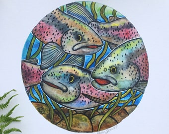 Colorful Salmon Watercolor Fine Art Print