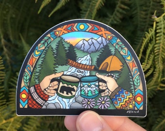 Camping Vinyl Sticker: PNW Mountain Coffee Scene