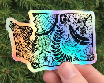 Washington State Holographic Vinyl Sticker: Floral & Fauna Design