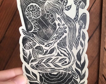 Fern Mushroom Divine Feminine Sticker: Black and White Nature Scene