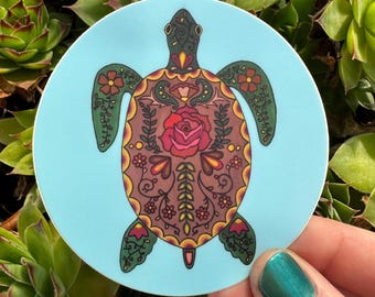 Floral Sea Turtle Vinyl Sticker: Boho Ocean Decor (3”)