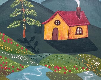 Wildflower Cabin Original Painting, 8x10” wood panel, acrylic