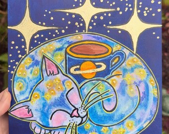 Space Cat Original Painting, 8x8” wood panel, acrylic and gold leaf