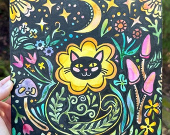 Garden Cat Original Painting, 8x8”, watercolor on wood panel