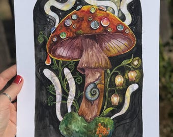 Mushroom Watercolor Print and Vinyl Mushroom Sticker Gift Set
