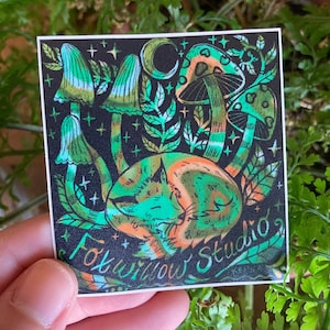 Foxwillow Vinyl Sticker, Mushroom Sticker, Nature Sticker, Fox Sticker, Art Sticker, Water Bottle Sticker, Laptop Sticker, plant lover art