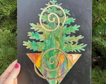 Pintura original de espiral perenne, panel de madera de 8x10”, acuarela y pan de oro