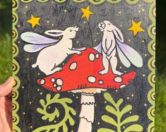 Fairy Bunnies Enchanted Forest Painting, 8x8” wood panel, glitter