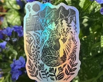 Wildflower Fox Cabin Vinyl Sticker, Subtle Holographic - Mountain Nature Scene
