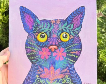 Rainbow Floral Cat Original Painting, 8x8” wood panel, watercolor