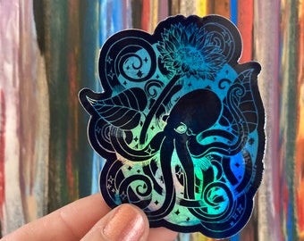Holographic Octopus Vinyl Sticker: Waterproof Ocean Decal
