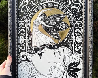 Art Nouveau Painting, 13”x17” Framed Original Artwork, “Forgotten Folklore”
