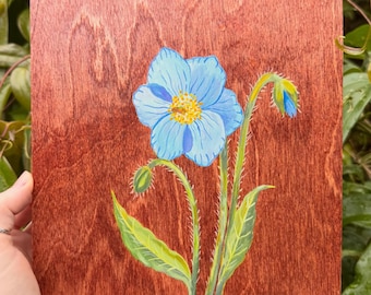 Blue Poppy on Wood Grain Original Painting, 8x8” wood panel, acrylic