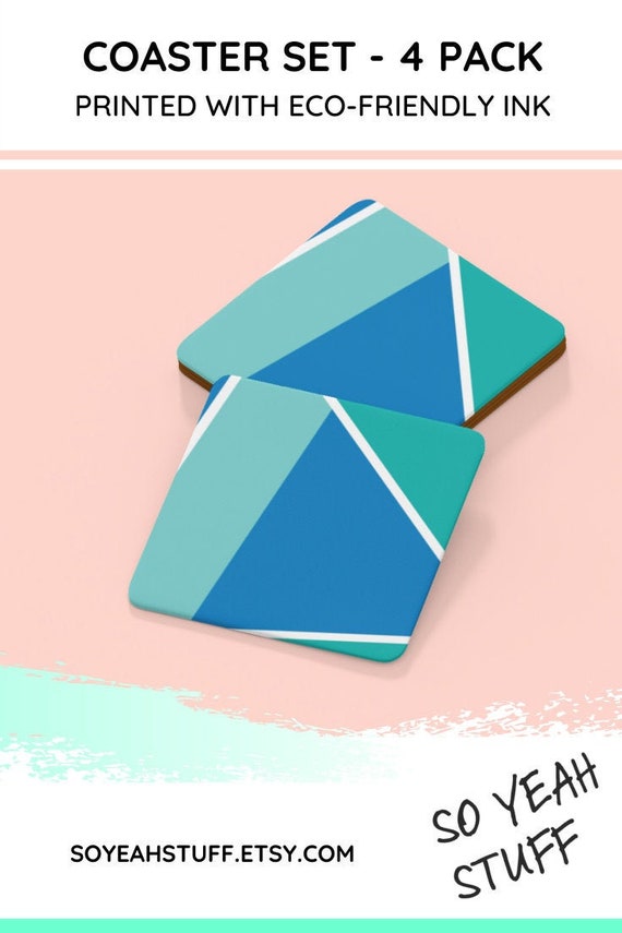 Blue green geometric coaster set 4 pack green blue coasters Etsy