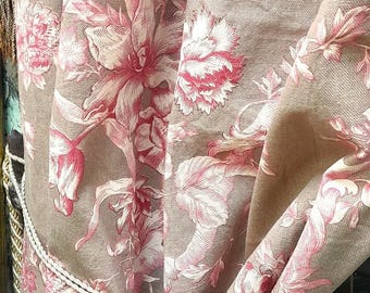 Vintage French Toile de Jouy Cotton Curtains, Pink Floral Drapery Pair