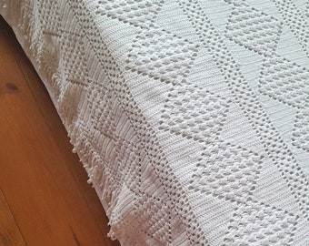 Antique French Hand Crochet Cotton Bedspread: White Throw 82x72