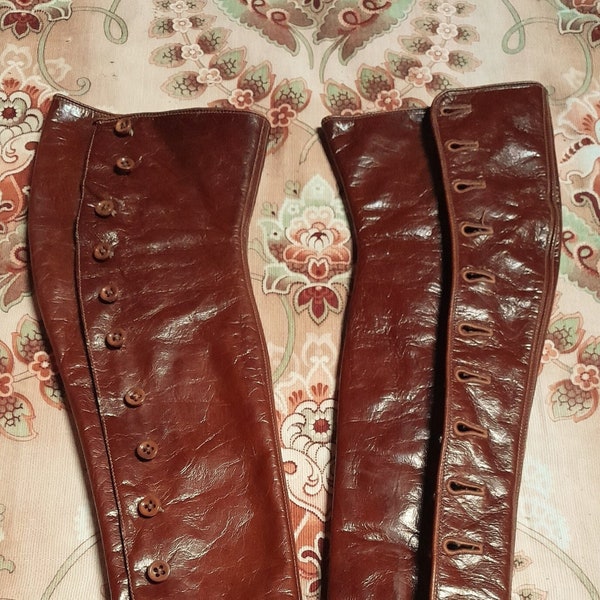 Pair of antique FRENCH Children's Leather spats or gaiters, hunting apparel - Victorian era, button up, wool lined.