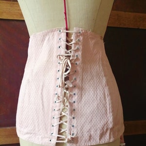 Antique French LACED Pink boned Corset, Damask pattern, boned front panel, side hooks and eyes 30&#39;s era CLAIRETTE, Burlesque, Steampunk