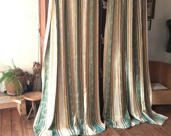 Par de cortinas francesas vintage 234 X 136 cm // 92 x 53,5 pulgadas, BROCADO de rayas gloriosas, alzapaños de cortinas Chateau de longitud completa.